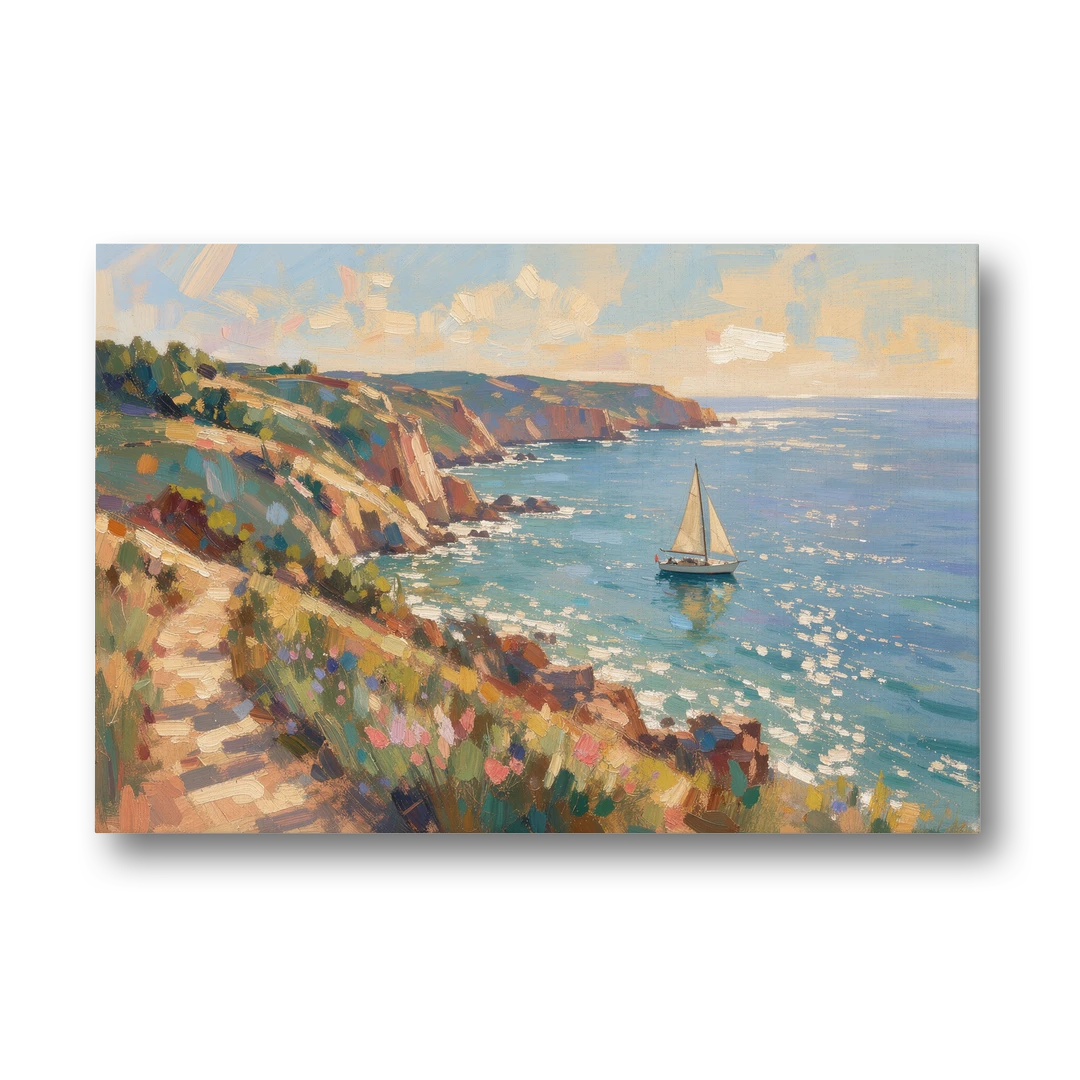 Coastal Wall Art Canvas of Sunlit Cliffs and Sailboat - Canvas Wall Art - Front