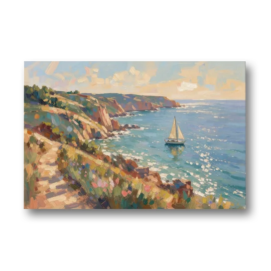 Coastal Wall Art Canvas of Sunlit Cliffs and Sailboat - Canvas Wall Art - Front