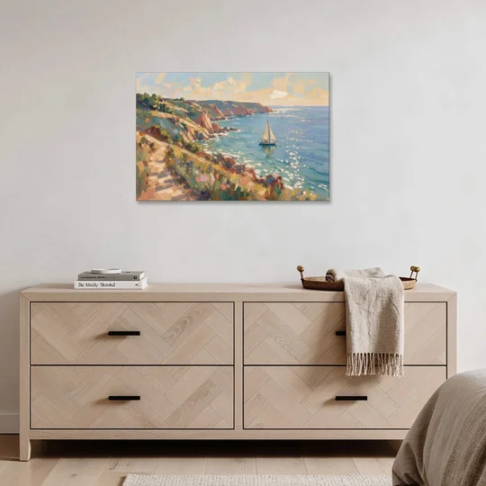 Coastal Wall Art Canvas of Sunlit Cliffs and Sailboat - Canvas Wall Art - Coffee Table - 36x24