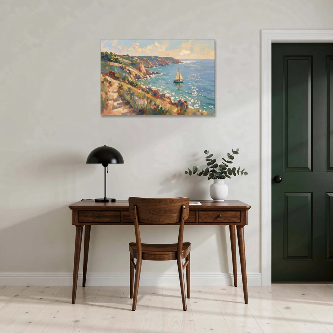 Coastal Wall Art Canvas of Sunlit Cliffs and Sailboat - Canvas Wall Art - Office - 36x24