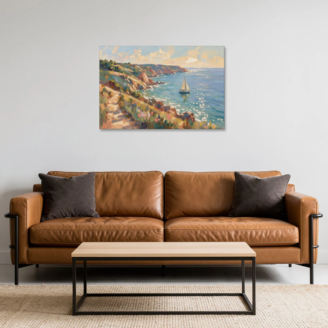 Coastal Wall Art Canvas of Sunlit Cliffs and Sailboat - Canvas Wall Art - Sofa - 36x24