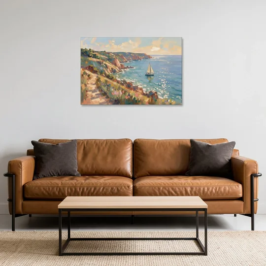 Coastal Wall Art Canvas of Sunlit Cliffs and Sailboat - Canvas Wall Art - Sofa - 36x24