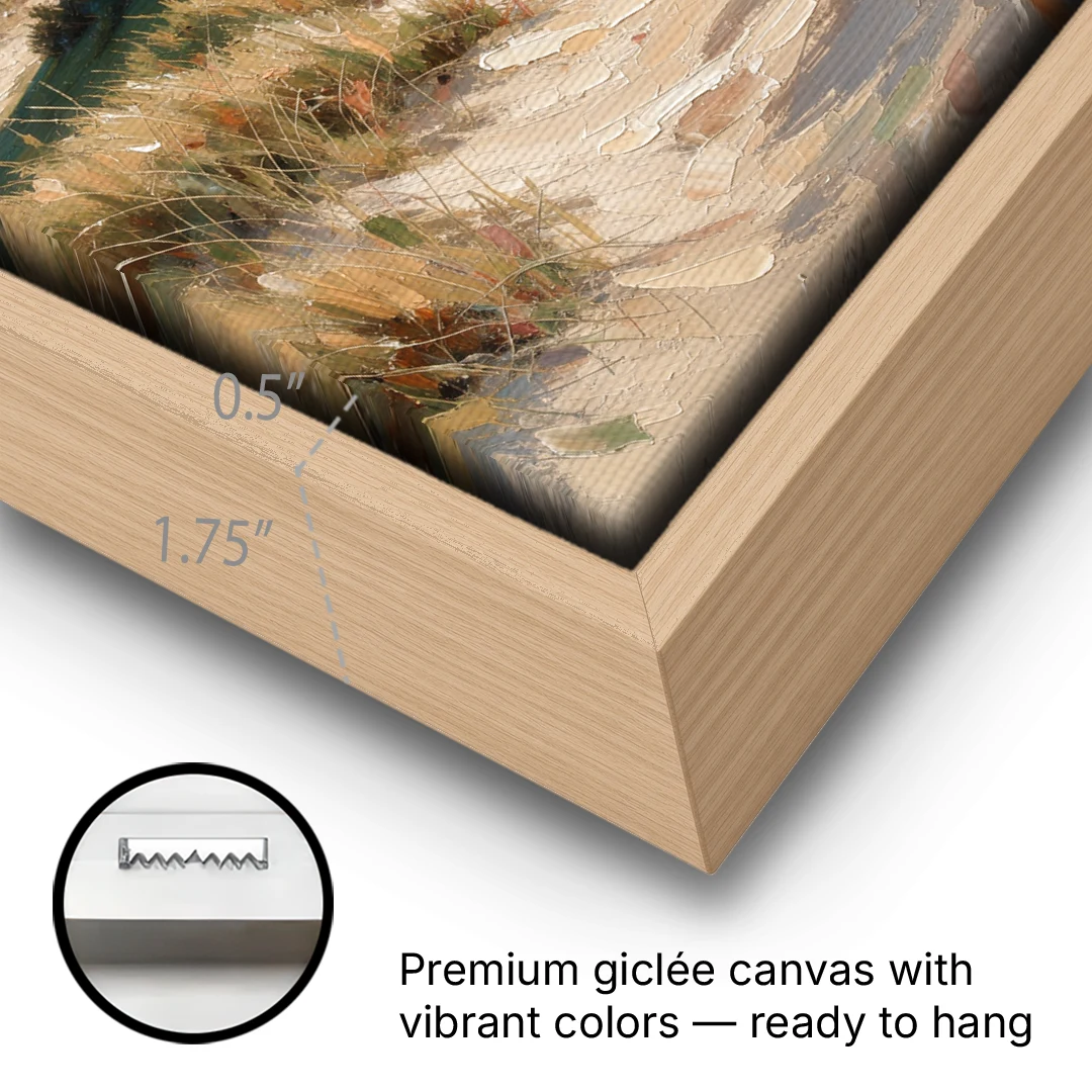 Coastal Wall Art for Living Room with Foggy Saltbox - Oak Framed Canvas Wall Art - Gallery Wrap Corner