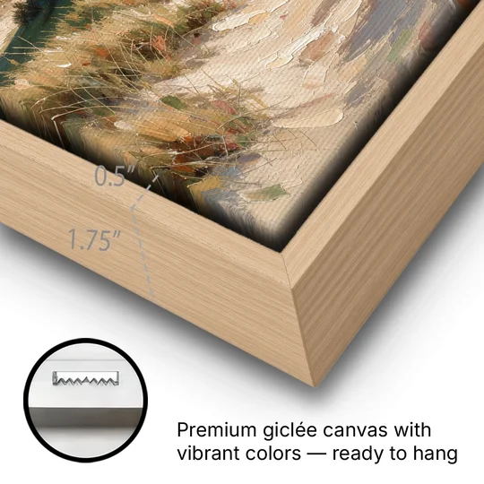 Coastal Wall Art for Living Room with Foggy Saltbox - Oak Framed Canvas Wall Art - Gallery Wrap Corner
