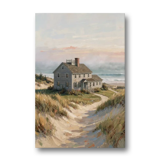 Coastal Wall Art for Living Room with Foggy Saltbox - Canvas Wall Art - Front