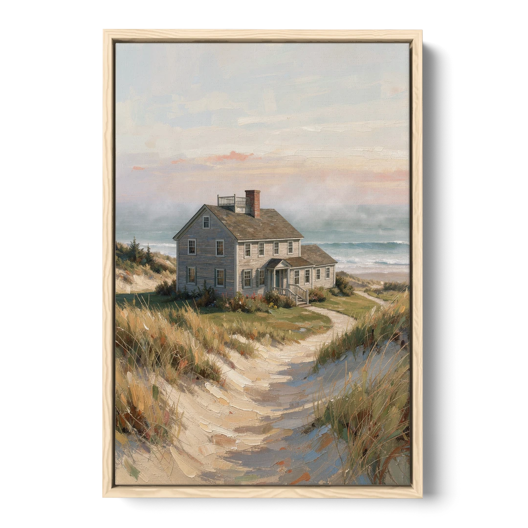 Coastal Wall Art for Living Room with Foggy Saltbox - Oak Framed Canvas Wall Art - Front