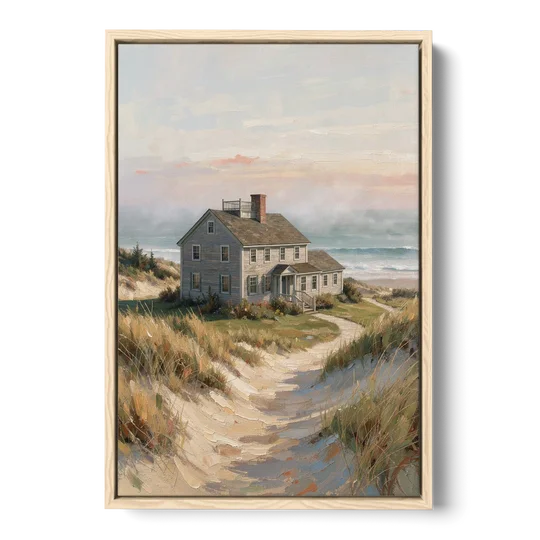 Coastal Wall Art for Living Room with Foggy Saltbox - Oak Framed Canvas Wall Art - Front
