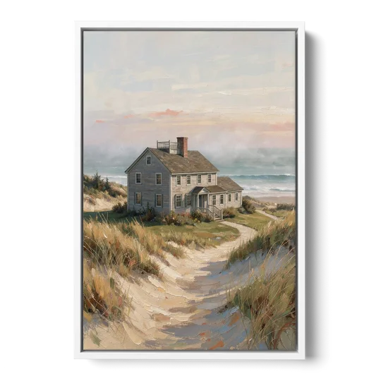 Coastal Wall Art for Living Room with Foggy Saltbox - White Framed Canvas Wall Art - Front