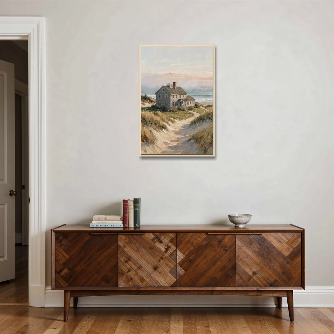 Coastal Wall Art for Living Room with Foggy Saltbox - Oak Framed Canvas Wall Art - Coffee Table - 24x36