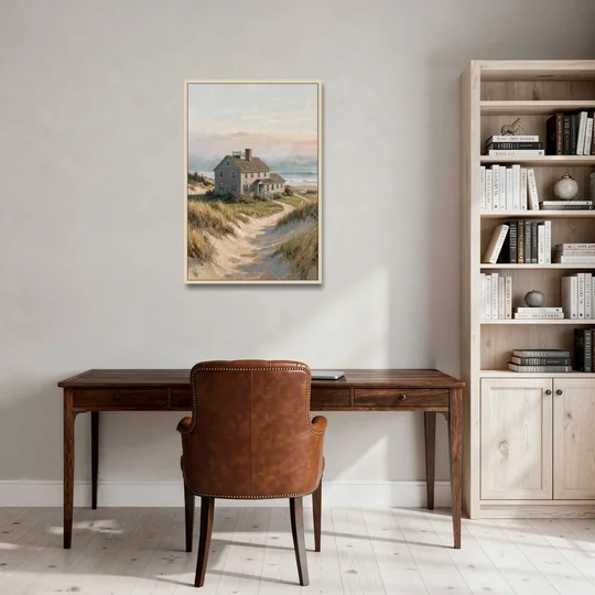 Coastal Wall Art for Living Room with Foggy Saltbox - Oak Framed Canvas Wall Art - Office - 24x36