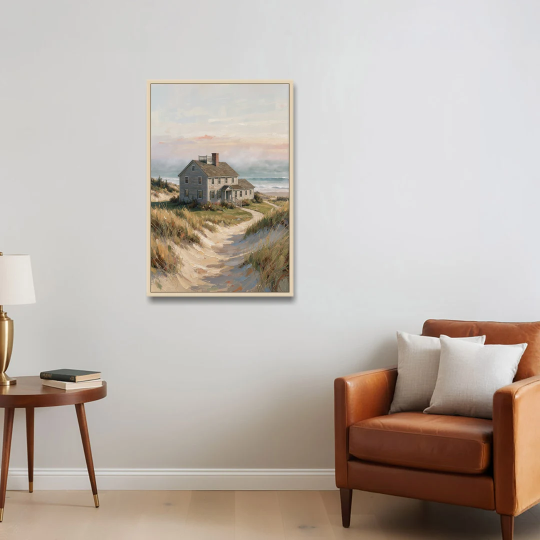 Coastal Wall Art for Living Room with Foggy Saltbox - Oak Framed Canvas Wall Art - Sofa - 24x36