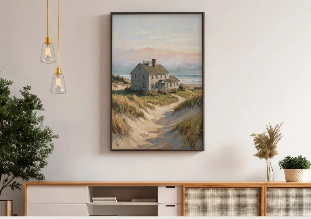 Coastal Wall Art for Living Room with Foggy Saltbox canvas wall art above a wooden sideboard under pendant lights