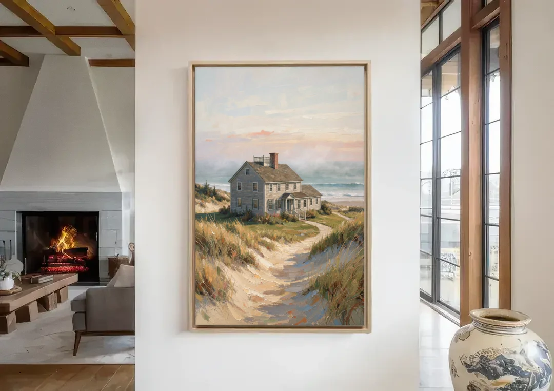 Coastal Wall Art for Living Room with Foggy Saltbox canvas wall art in a living room with a fireplace