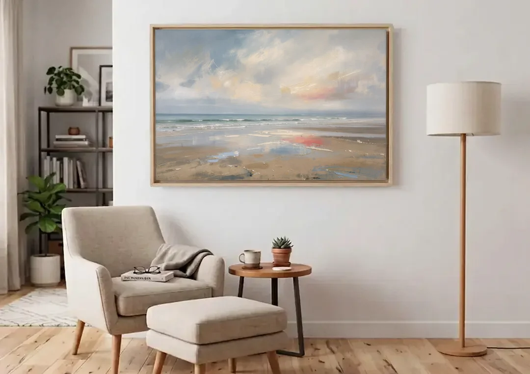 Coastal Wall Art of a Misty Low Tide Shore canvas wall art above an armchair in a bright living room