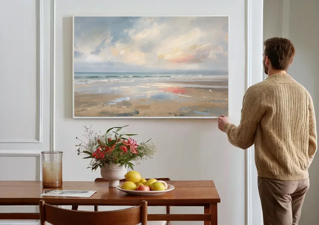 Coastal Wall Art of a Misty Low Tide Shore canvas wall art above a dining table