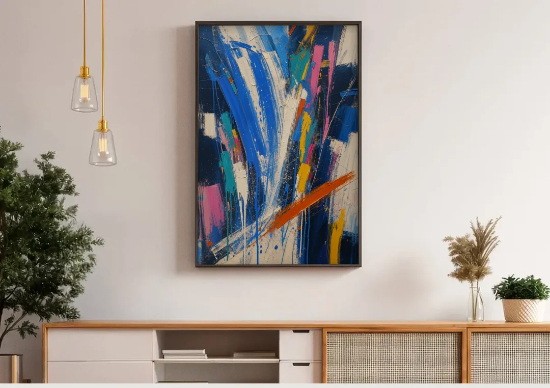 Cobalt Blue Abstract Art with Burnt Orange Slash canvas wall art above a wooden sideboard under pendant lights