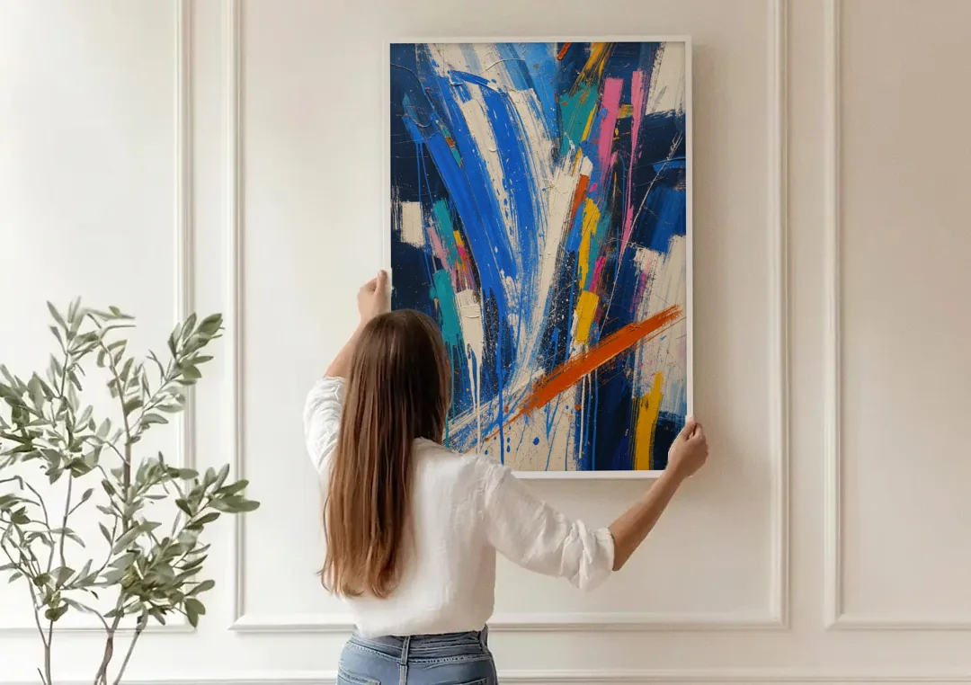 Cobalt Blue Abstract Art with Burnt Orange Slash canvas wall art being hung on a paneled wall