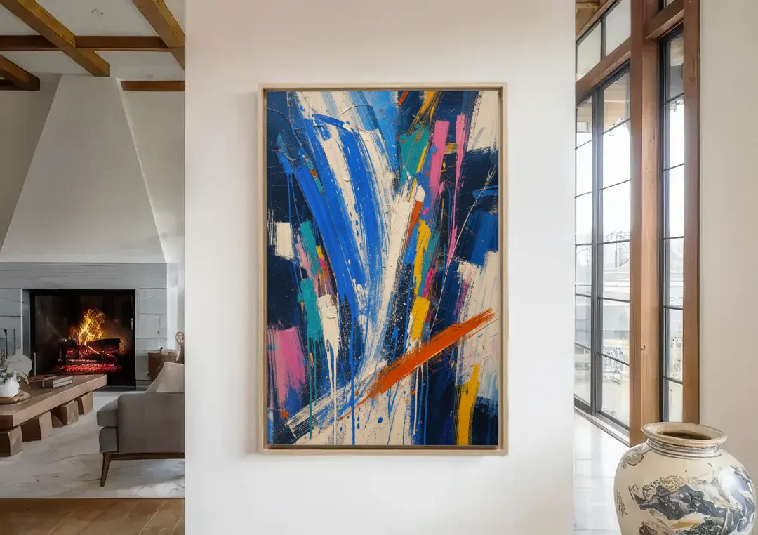 Cobalt Blue Abstract Art with Burnt Orange Slash canvas wall art in a living room with a fireplace