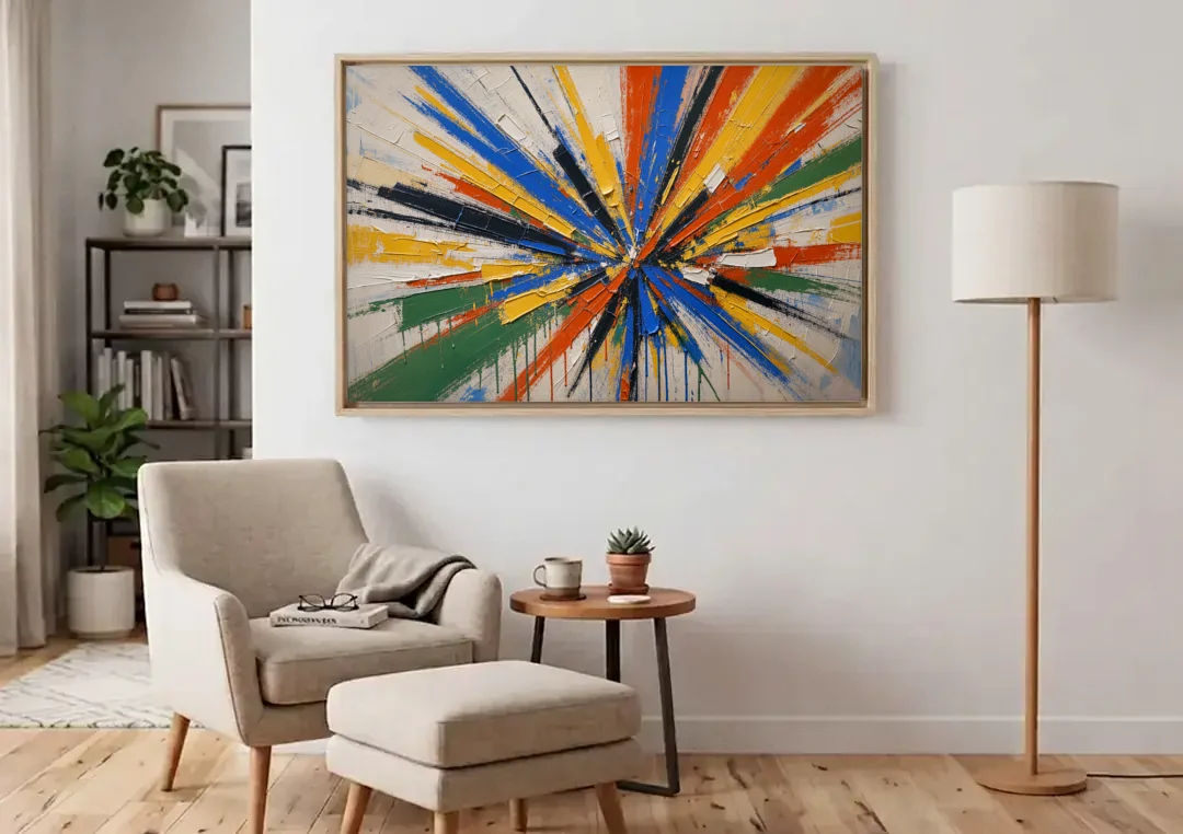 Cobalt Starburst Statement for the Living Room canvas wall art above an armchair in a bright living room