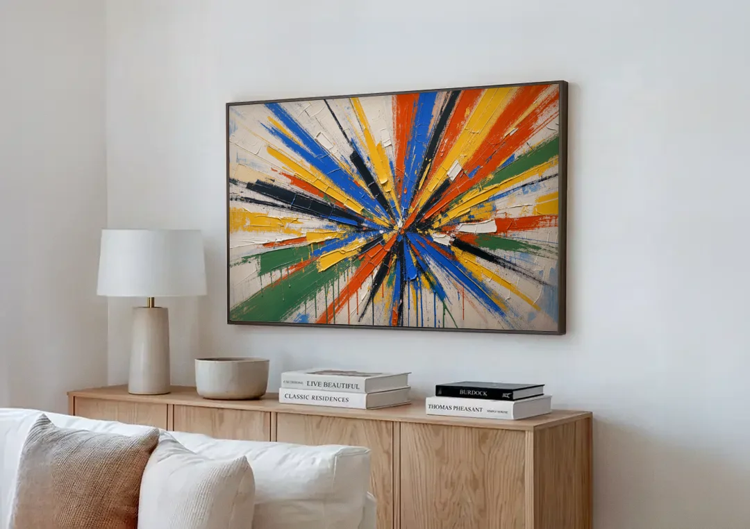 Cobalt Starburst Statement for the Living Room canvas wall art above a wooden sideboard next to a sofa