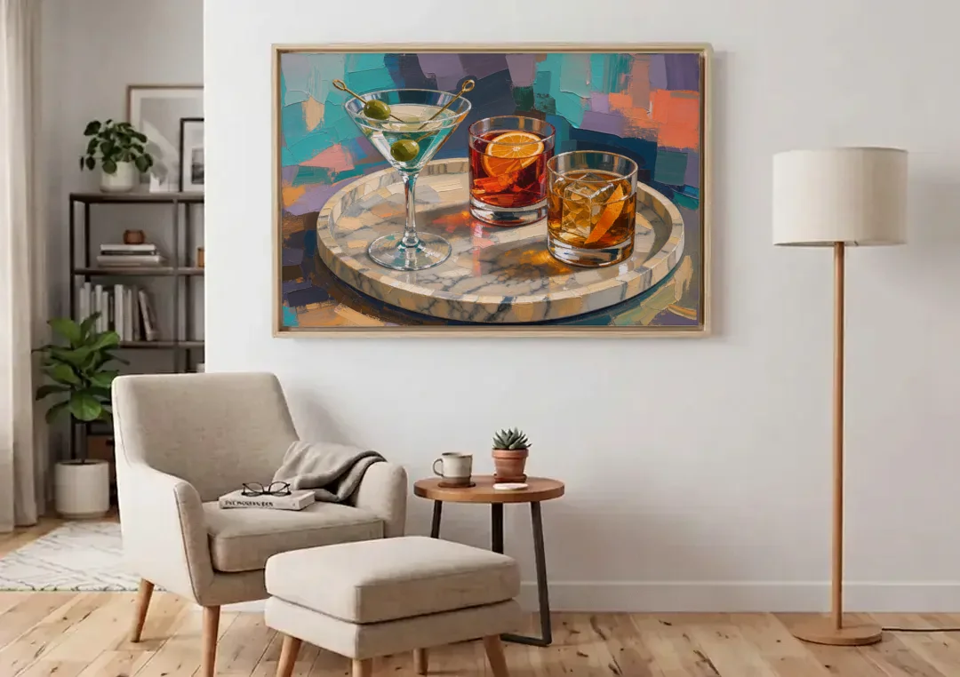 Cocktail Painting on a Marble Tray canvas wall art above an armchair in a bright living room