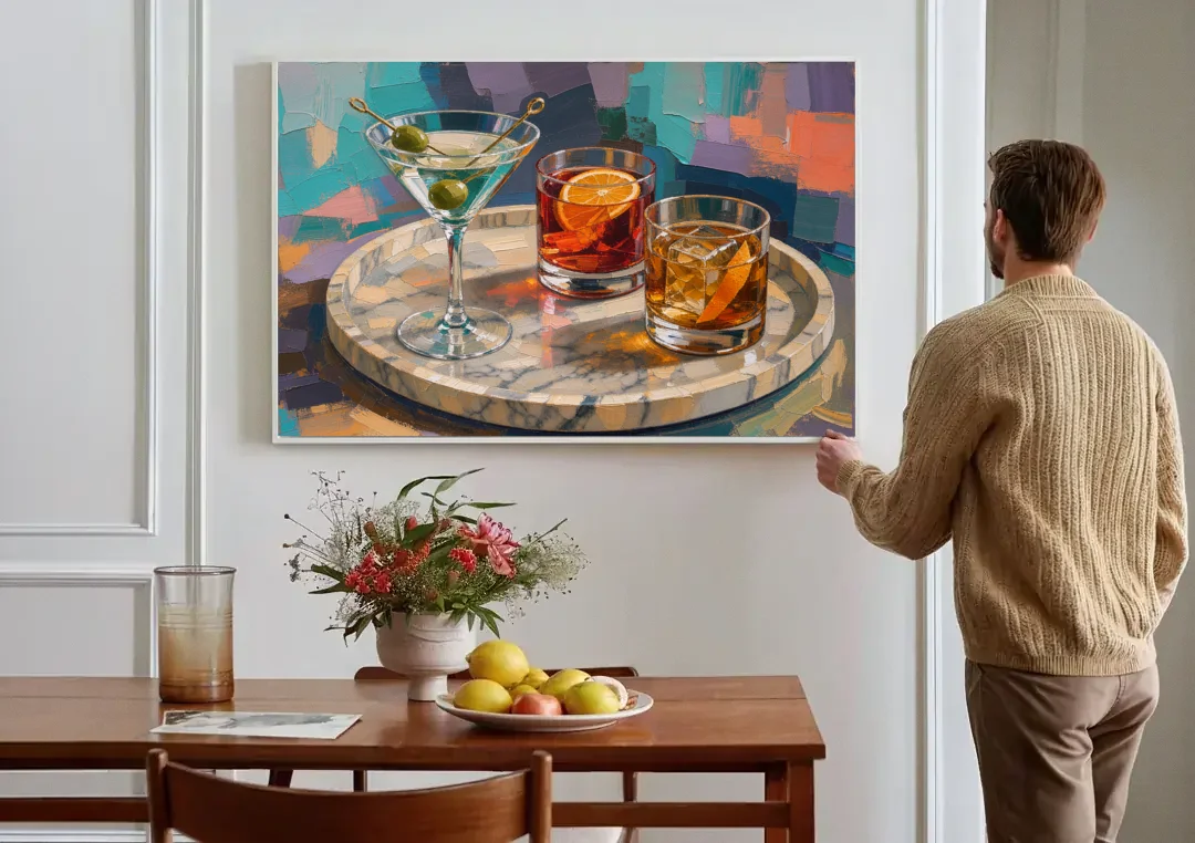 Cocktail Painting on a Marble Tray canvas wall art above a dining table