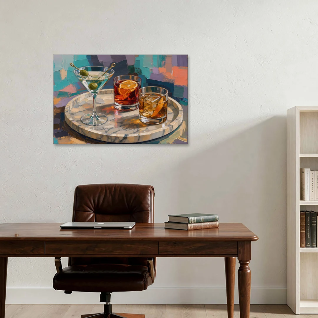 Cocktail Painting on a Marble Tray - Canvas Wall Art - Office - 36x24