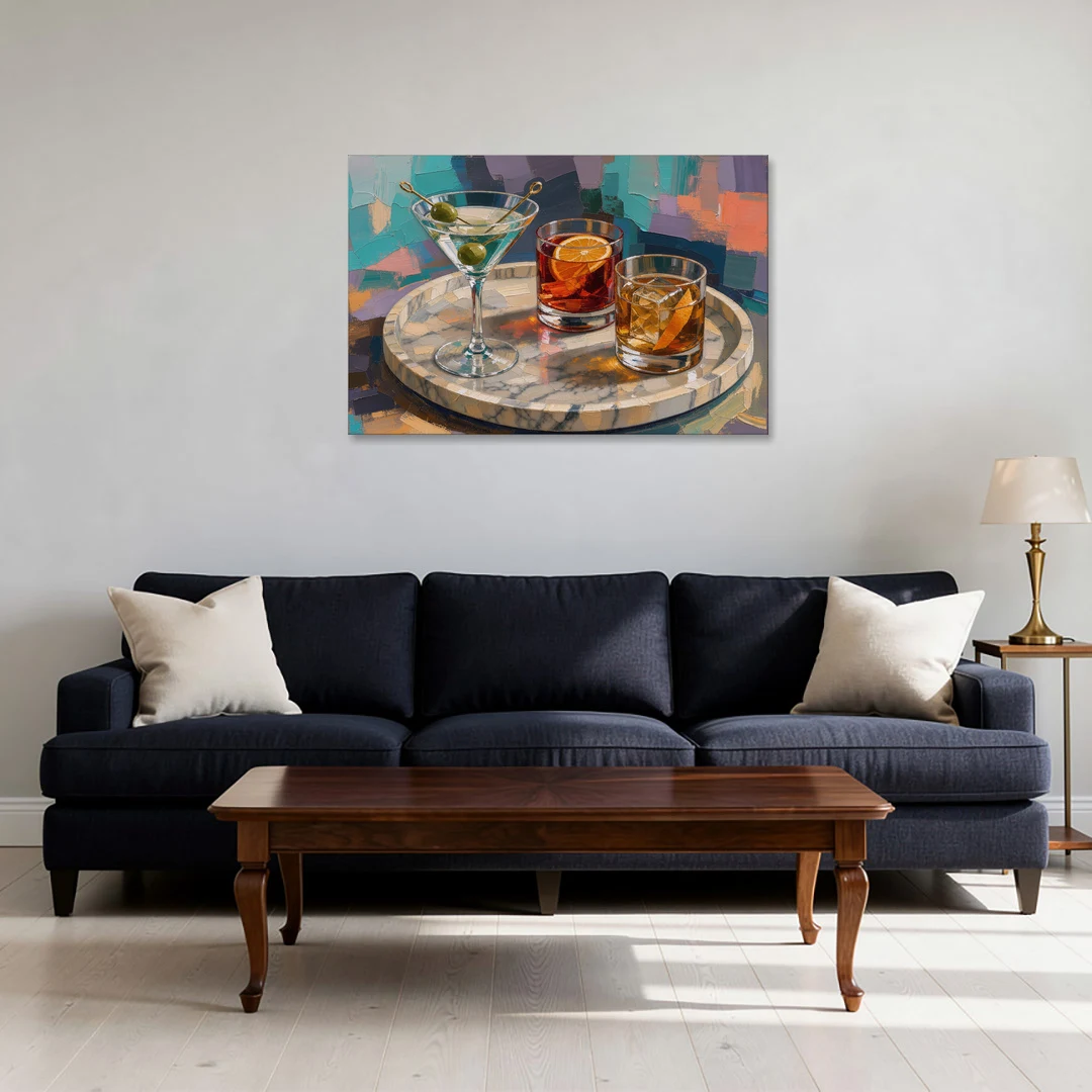Cocktail Painting on a Marble Tray - Canvas Wall Art - Sofa - 36x24