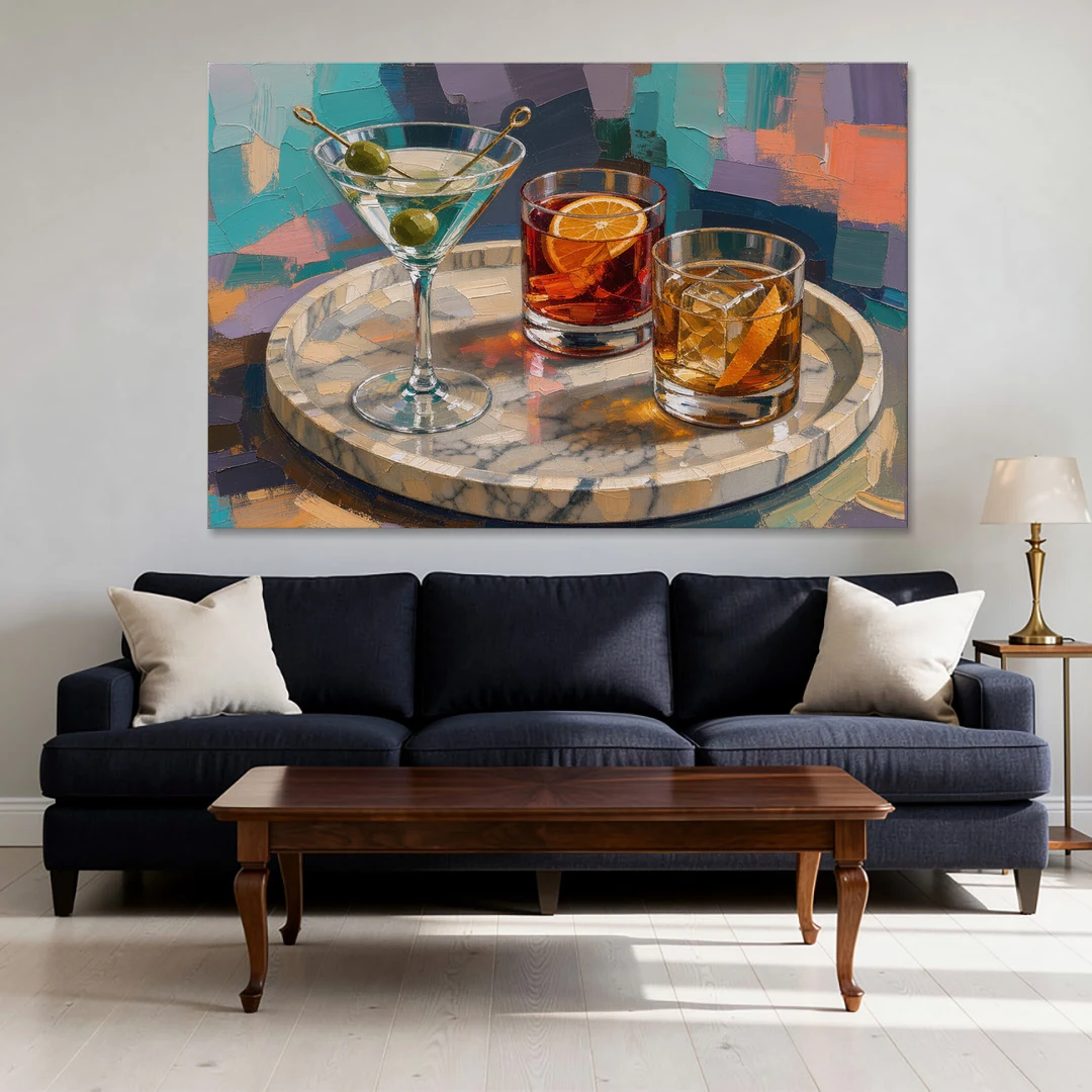 Cocktail Painting on a Marble Tray - Canvas Wall Art - Sofa - 60x40