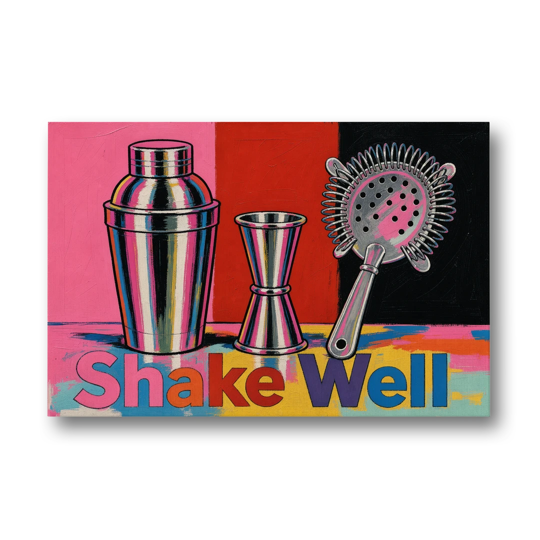 Cocktail Shaker Painting with Jigger and Strainer - Canvas Wall Art - Front