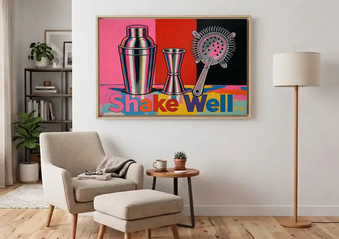Cocktail Shaker Painting with Jigger and Strainer canvas wall art above an armchair in a bright living room