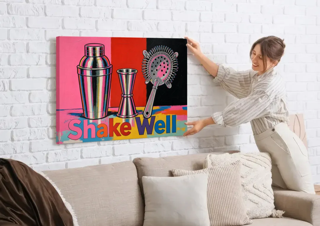Cocktail Shaker Painting with Jigger and Strainer canvas wall art being hung on a white brick wall above a sofa