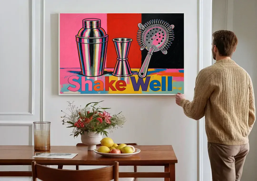 Cocktail Shaker Painting with Jigger and Strainer canvas wall art above a dining table