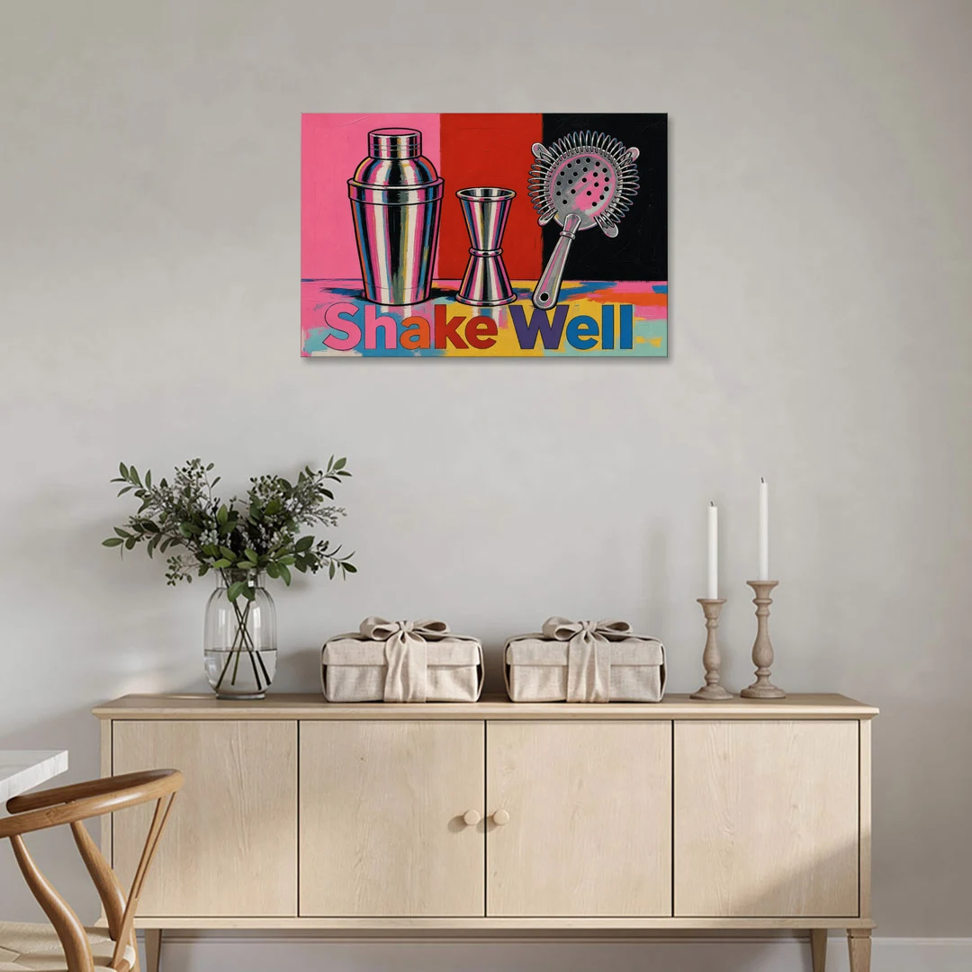 Cocktail Shaker Painting with Jigger and Strainer - Canvas Wall Art - Coffee Table - 36x24