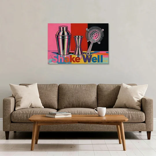 Cocktail Shaker Painting with Jigger and Strainer - Canvas Wall Art - Sofa - 36x24