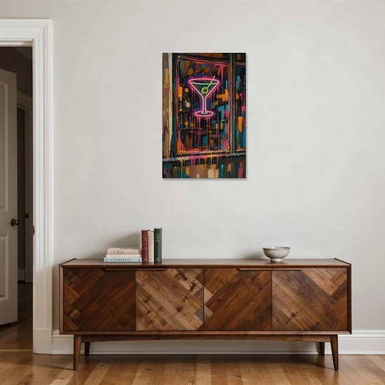 Cocktail Wall Art of a Neon Martini Window - Canvas Wall Art - Coffee Table - 24x36