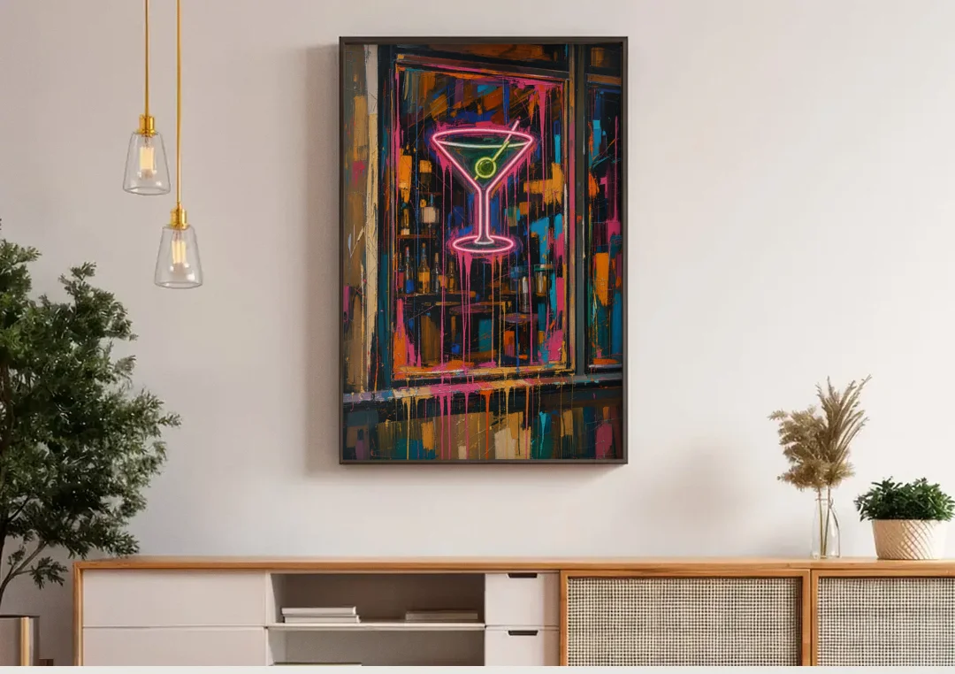Cocktail Wall Art of a Neon Martini Window canvas wall art above a wooden sideboard under pendant lights