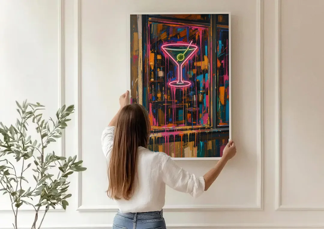 Cocktail Wall Art of a Neon Martini Window canvas wall art being hung on a paneled wall