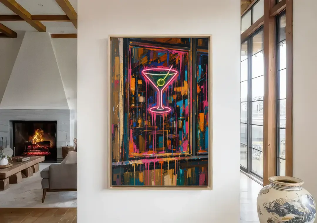 Cocktail Wall Art of a Neon Martini Window canvas wall art in a living room with a fireplace