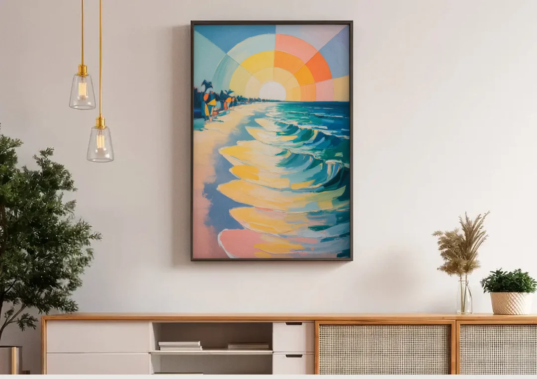 Coco Beach Sunrise canvas wall art above a wooden sideboard under pendant lights
