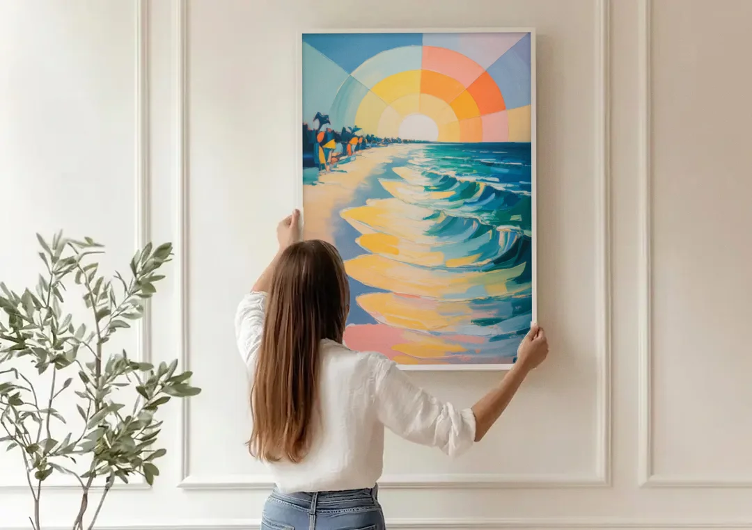 Coco Beach Sunrise canvas wall art being hung on a paneled wall