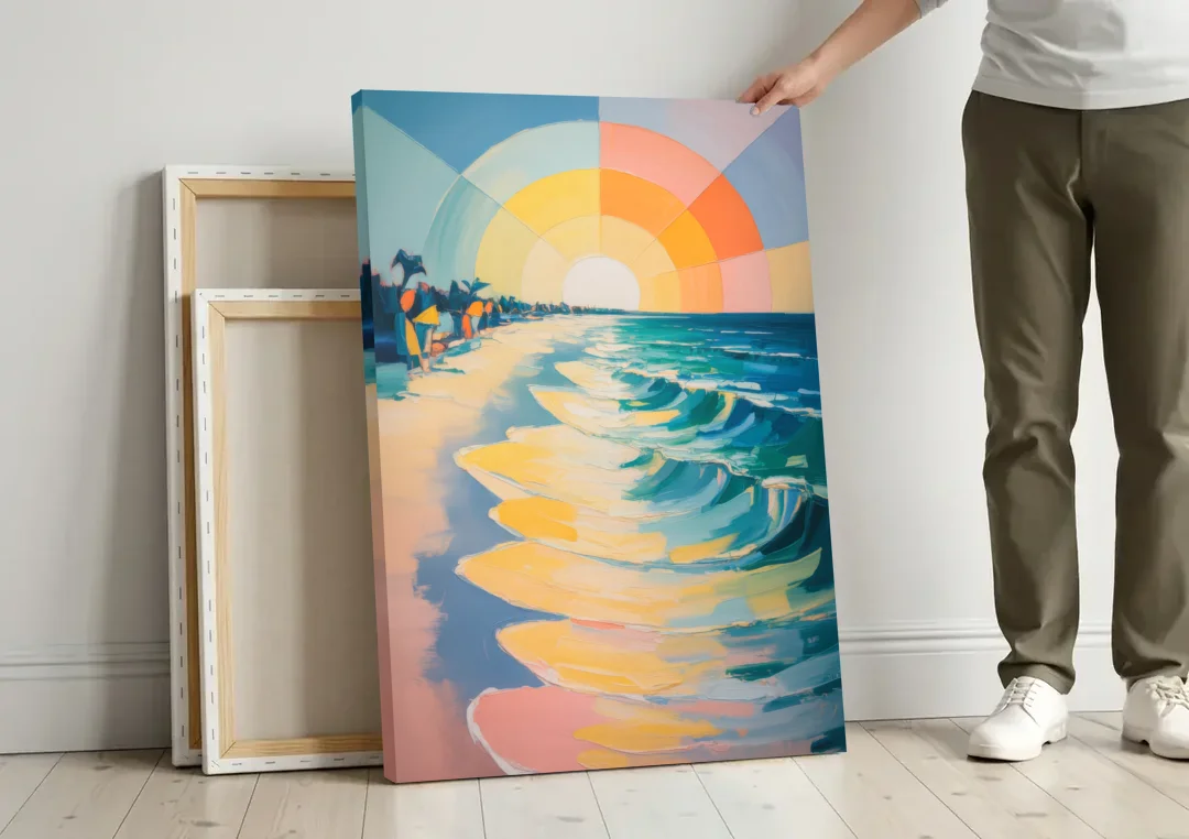 Coco Beach Sunrise canvas wall art leaning against a wall next to blank canvases