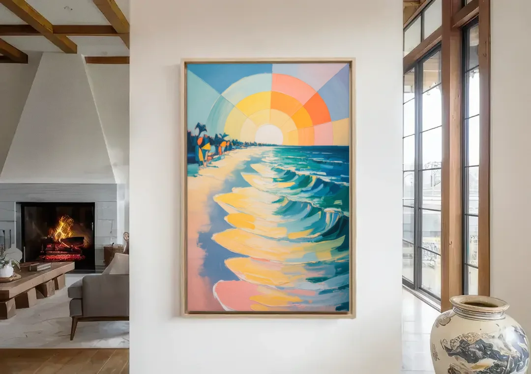 Coco Beach Sunrise canvas wall art in a living room with a fireplace