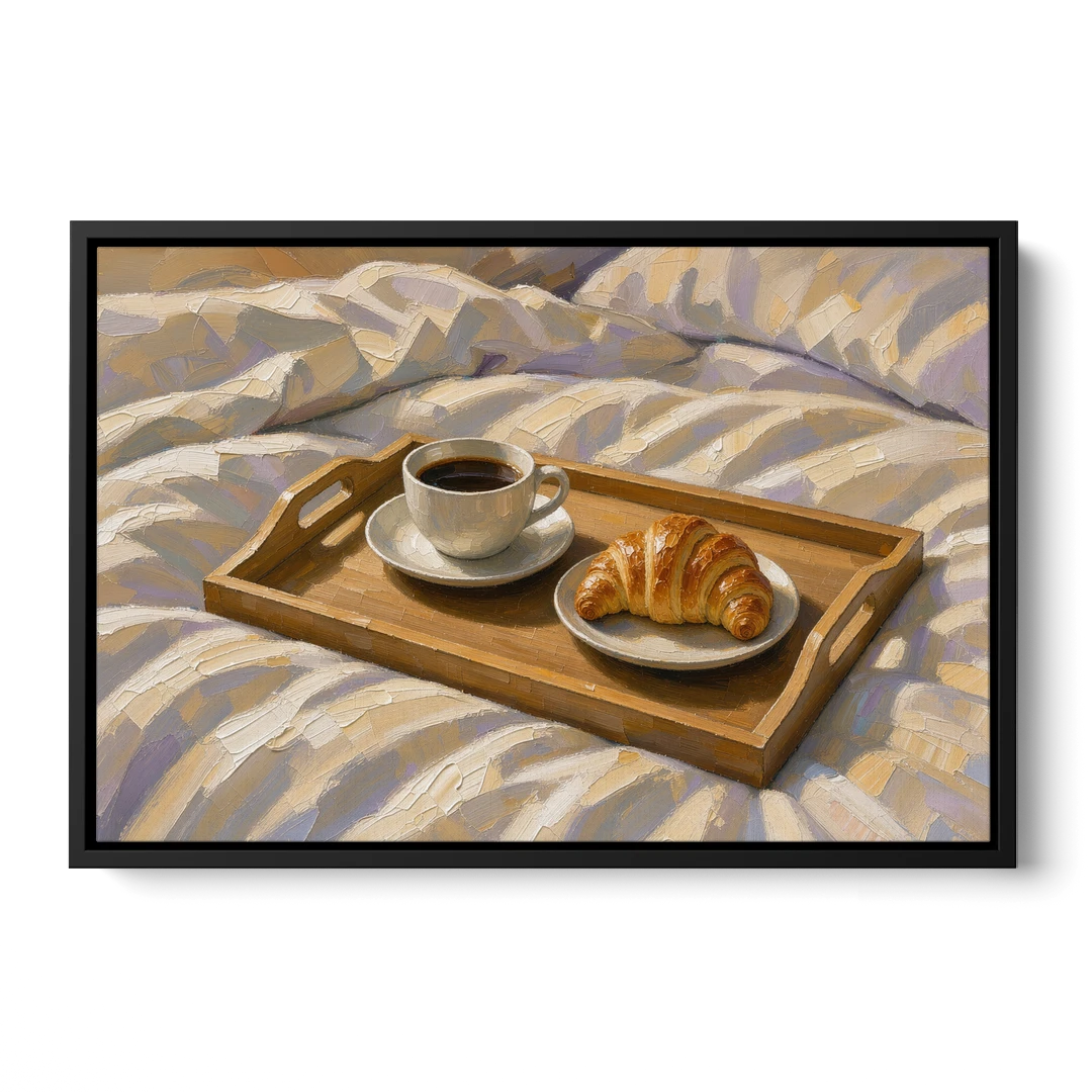 Coffee and Croissant Painting on a Breakfast Tray - Black Framed Canvas Wall Art - Front