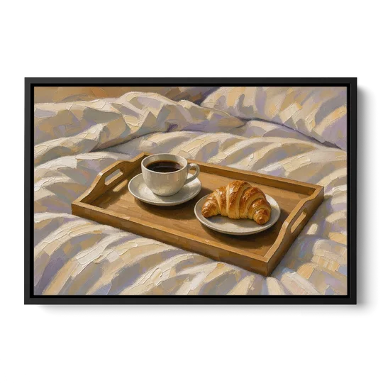 Coffee and Croissant Painting on a Breakfast Tray - Black Framed Canvas Wall Art - Front