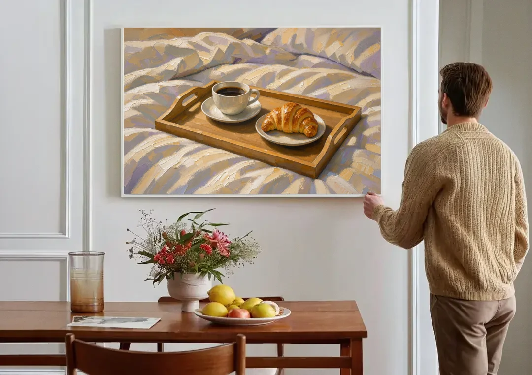Coffee and Croissant Painting on a Breakfast Tray canvas wall art above a dining table
