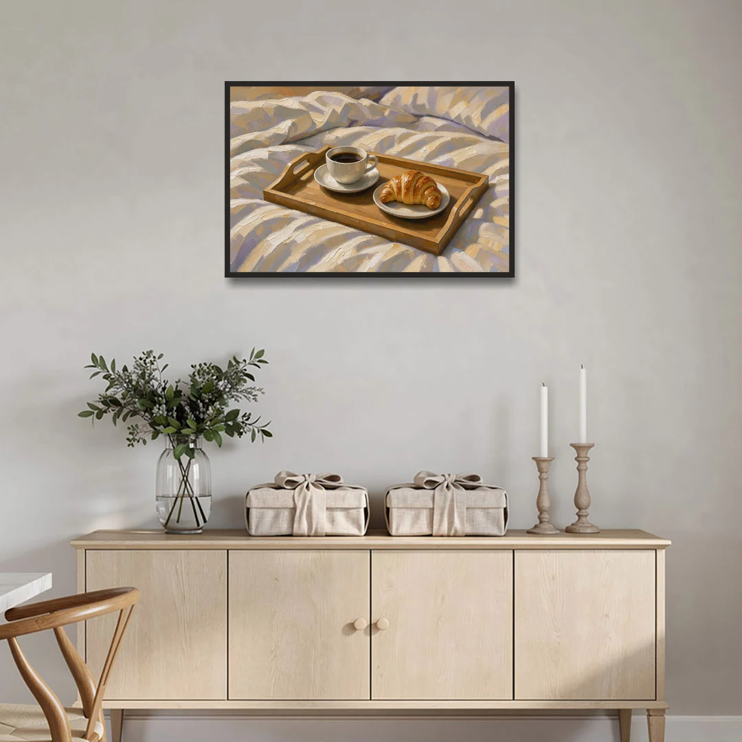 Coffee and Croissant Painting on a Breakfast Tray - Black Framed Canvas Wall Art - Coffee Table - 36x24