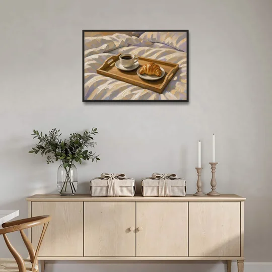 Coffee and Croissant Painting on a Breakfast Tray - Black Framed Canvas Wall Art - Coffee Table - 36x24
