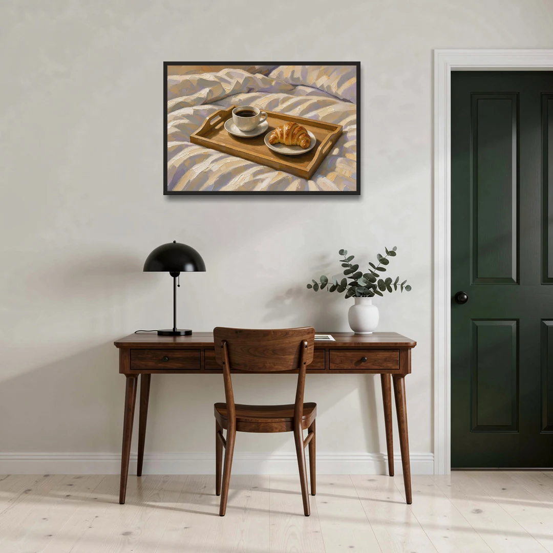 Coffee and Croissant Painting on a Breakfast Tray - Black Framed Canvas Wall Art - Office - 36x24