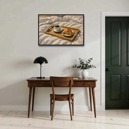 Coffee and Croissant Painting on a Breakfast Tray - Black Framed Canvas Wall Art - Office - 36x24